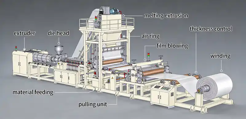echnical diagram of Dexiang Machinery's blown film machine showing key components and workflow