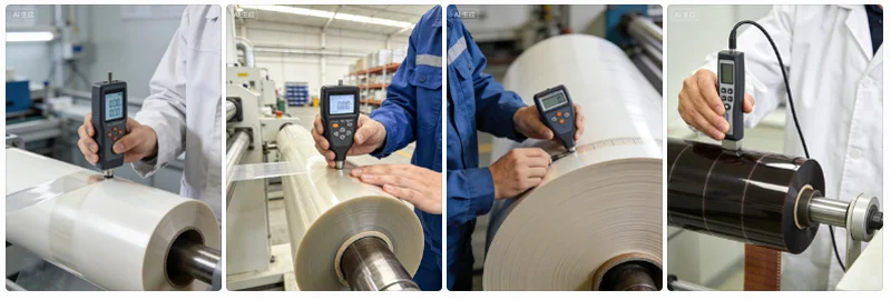 A technician measuring film thickness profile across the roll with a handheld gauge
